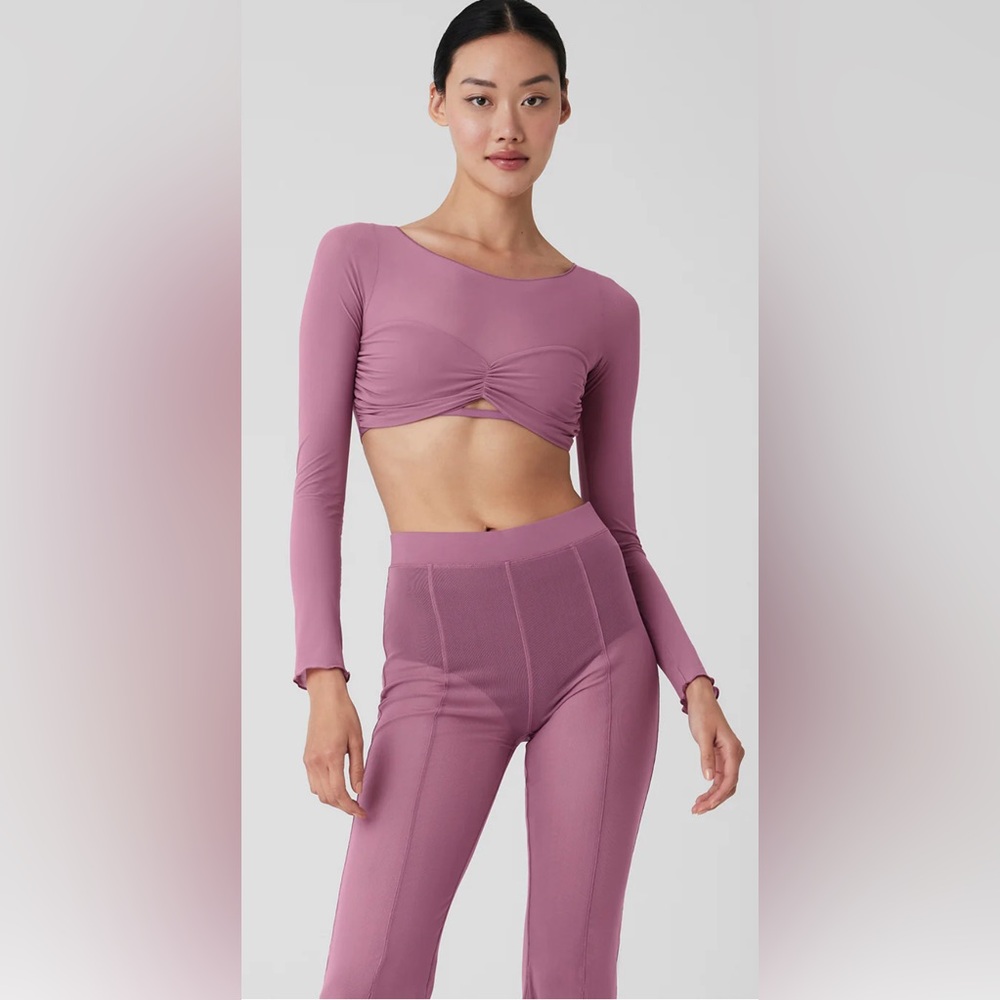 Alo Mesh Sheer Illusion Cropped Long Sleeve and High-Waist Flicker Pant set